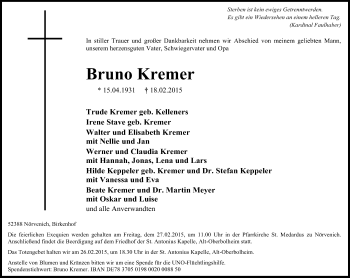 Anzeige von Bruno Kremer von Kölner Stadt-Anzeiger / Kölnische Rundschau / Express