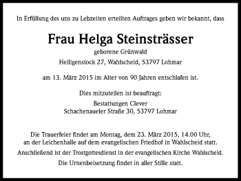 Anzeige von Helga Steinsträsser von Kölner Stadt-Anzeiger / Kölnische Rundschau / Express