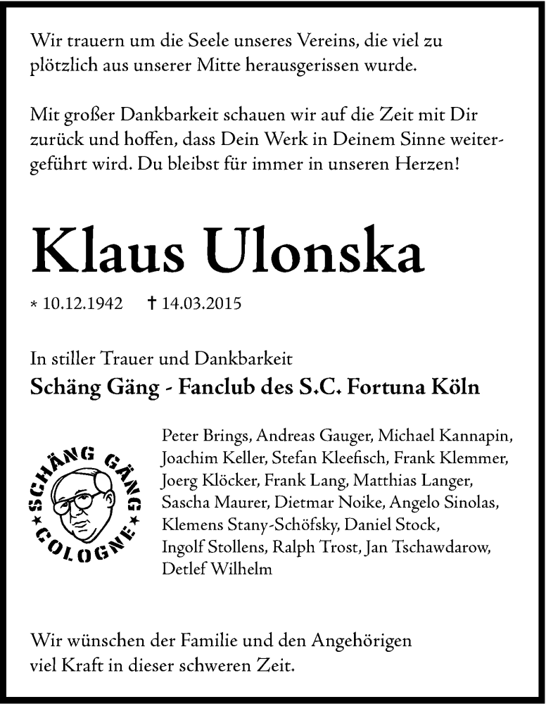  Traueranzeige für Klaus Ulonska vom 20.03.2015 aus Kölner Stadt-Anzeiger / Kölnische Rundschau / Express