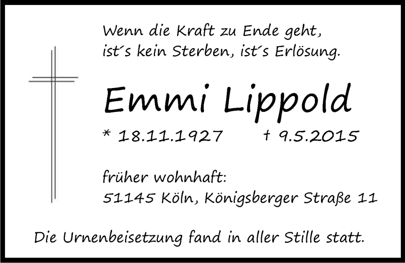  Traueranzeige für Emmi Lippold vom 13.06.2015 aus Kölner Stadt-Anzeiger / Kölnische Rundschau / Express