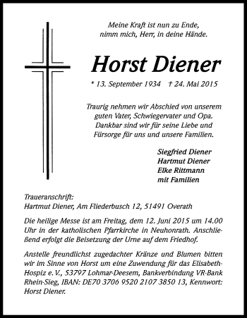 Anzeige von Horst Diener von Kölner Stadt-Anzeiger / Kölnische Rundschau / Express