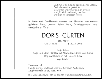 Anzeige von Doris Cürten von Kölner Stadt-Anzeiger / Kölnische Rundschau / Express
