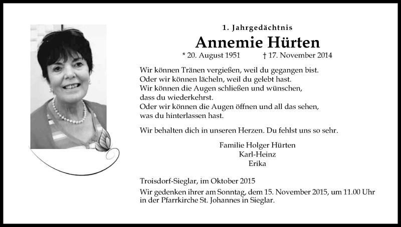  Traueranzeige für Annemie Hürten vom 31.10.2015 aus Kölner Stadt-Anzeiger / Kölnische Rundschau / Express