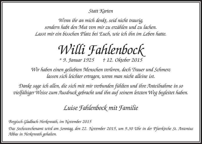  Traueranzeige für Willi Fahlenbock vom 18.11.2015 aus  Bergisches Handelsblatt 