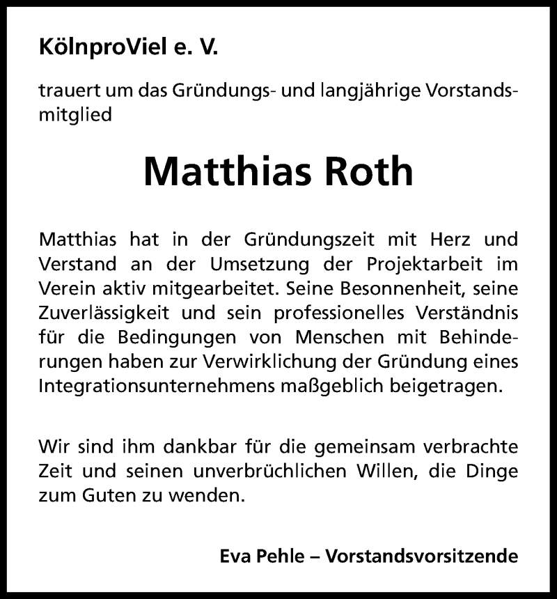  Traueranzeige für Matthias Roth vom 19.09.2015 aus Kölner Stadt-Anzeiger / Kölnische Rundschau / Express