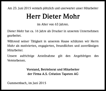 Anzeige von Dieter Mohr von Kölner Stadt-Anzeiger / Kölnische Rundschau / Express