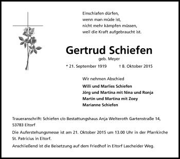 Anzeige von Gertrud Schiefen von Kölner Stadt-Anzeiger / Kölnische Rundschau / Express