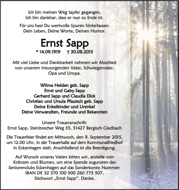 Anzeige von Ernst Sapp von Kölner Stadt-Anzeiger / Kölnische Rundschau / Express