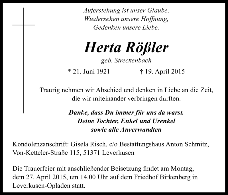  Traueranzeige für Herta Rößler vom 24.04.2015 aus Kölner Stadt-Anzeiger / Kölnische Rundschau / Express