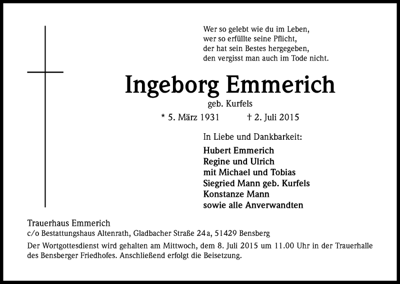  Traueranzeige für Ingeborg Emmerich vom 06.07.2015 aus Kölner Stadt-Anzeiger / Kölnische Rundschau / Express