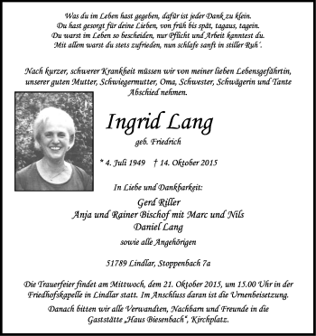 Anzeige von Ingrid Lang von Kölner Stadt-Anzeiger / Kölnische Rundschau / Express