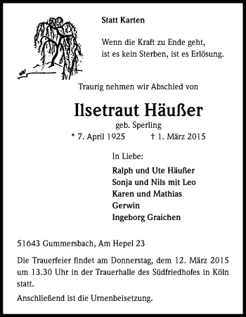 Anzeige von Ilsetraut Häußer von Kölner Stadt-Anzeiger / Kölnische Rundschau / Express