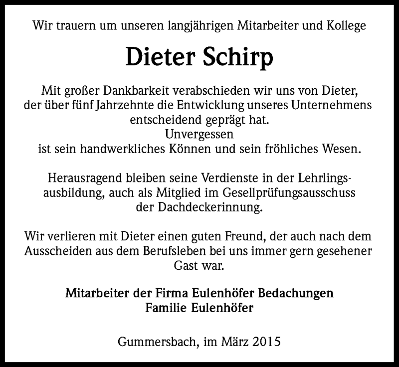  Traueranzeige für Dieter Schirp vom 24.03.2015 aus Kölner Stadt-Anzeiger / Kölnische Rundschau / Express