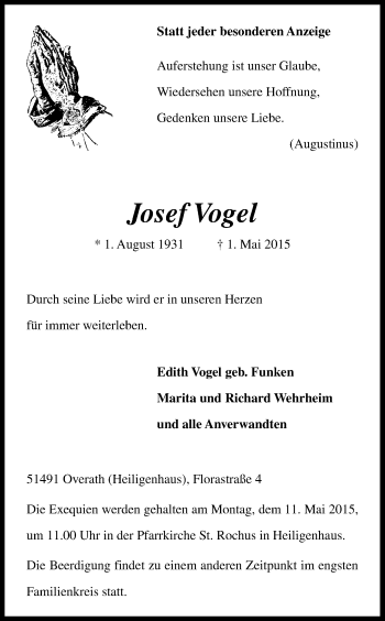 Anzeige von Josef Vogel von Kölner Stadt-Anzeiger / Kölnische Rundschau / Express