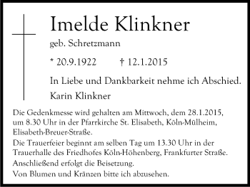 Anzeige von Imelde Klinkner von Kölner Stadt-Anzeiger / Kölnische Rundschau / Express