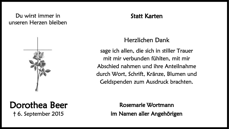  Traueranzeige für Dorothea Beer vom 10.10.2015 aus Kölner Stadt-Anzeiger / Kölnische Rundschau / Express