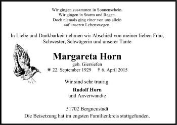 Anzeige von Margareta Horn von Kölner Stadt-Anzeiger / Kölnische Rundschau / Express