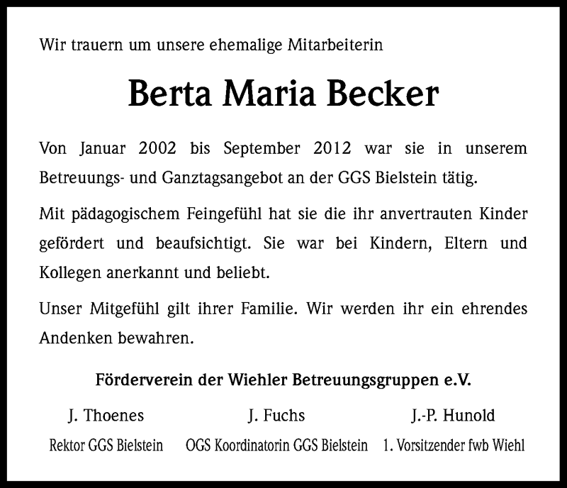  Traueranzeige für Berta Maria Becker vom 17.01.2015 aus Kölner Stadt-Anzeiger / Kölnische Rundschau / Express