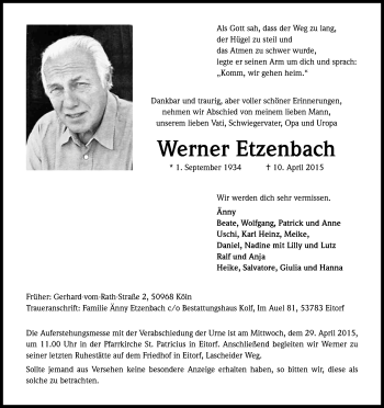 Anzeige von Werner Etzenbach von Kölner Stadt-Anzeiger / Kölnische Rundschau / Express