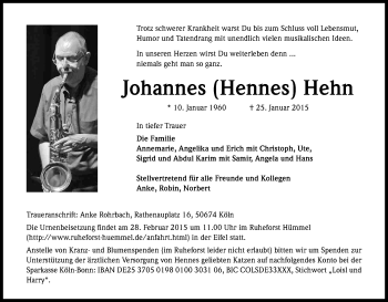 Anzeige von Johannes  Hehn von Kölner Stadt-Anzeiger / Kölnische Rundschau / Express