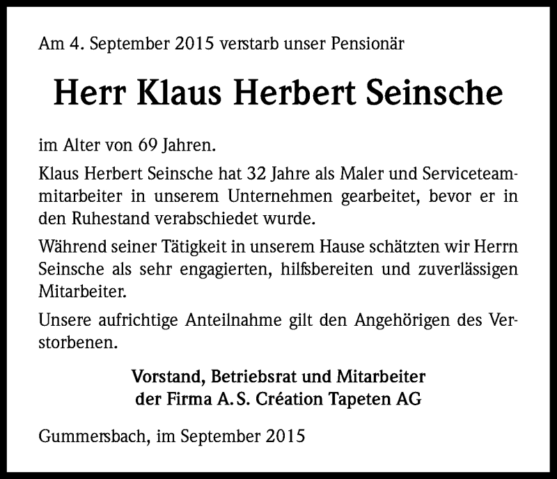  Traueranzeige für Klaus Herbert Seinsche vom 16.09.2015 aus Kölner Stadt-Anzeiger / Kölnische Rundschau / Express