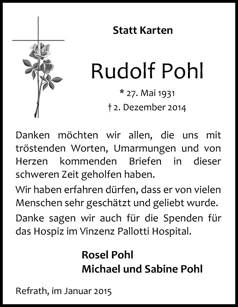  Traueranzeige für Rudolf Pohl vom 17.01.2015 aus Kölner Stadt-Anzeiger / Kölnische Rundschau / Express
