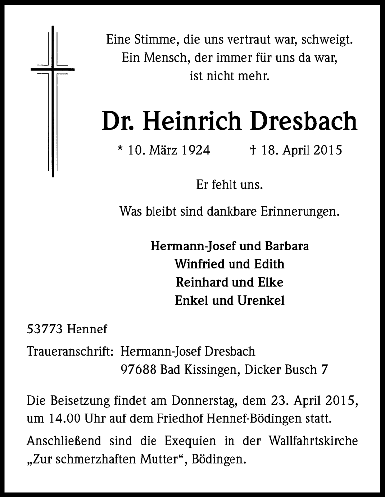  Traueranzeige für Heinrich Dresbach vom 21.04.2015 aus Kölner Stadt-Anzeiger / Kölnische Rundschau / Express