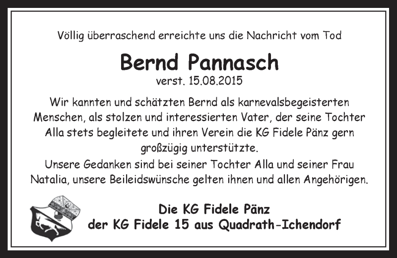  Traueranzeige für Bernd Pannasch vom 26.08.2015 aus  Werbepost 