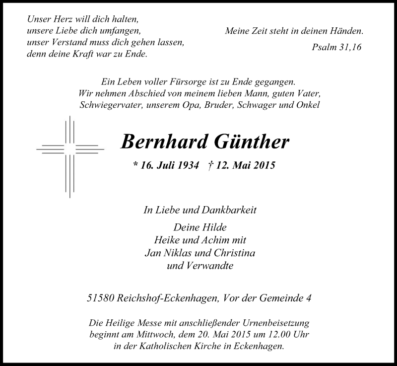  Traueranzeige für Bernhard Günther vom 16.05.2015 aus Kölner Stadt-Anzeiger / Kölnische Rundschau / Express