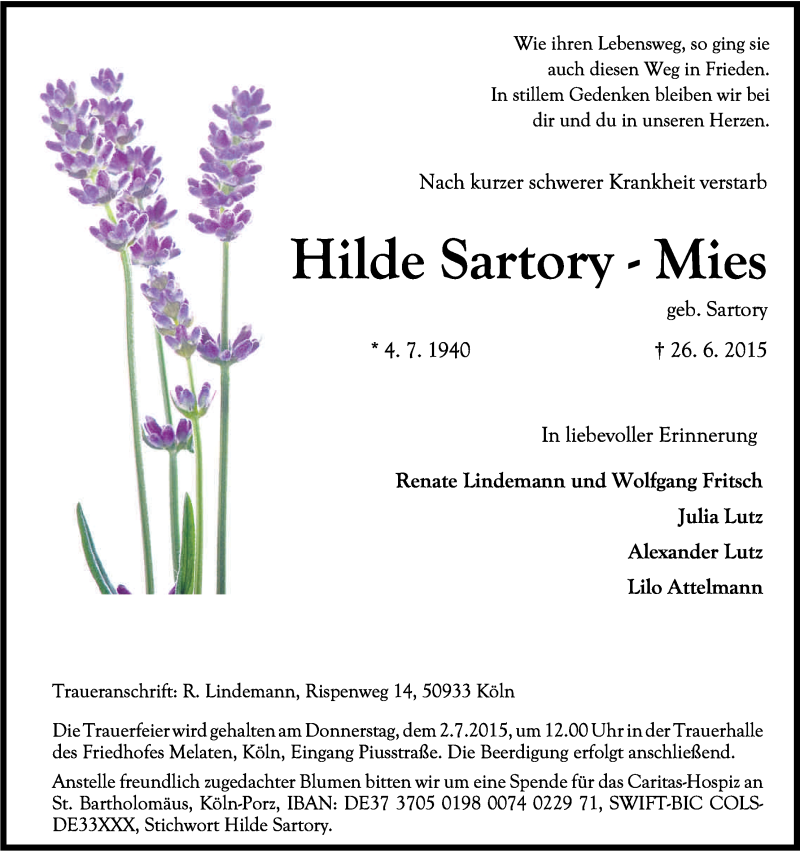  Traueranzeige für Mathilde Sartory-Mies vom 30.06.2015 aus Kölner Stadt-Anzeiger / Kölnische Rundschau / Express