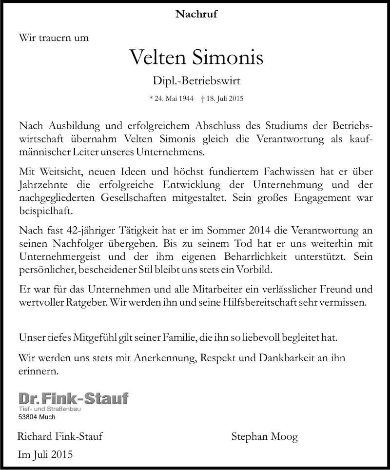  Traueranzeige für Velten Simonis vom 25.07.2015 aus Kölner Stadt-Anzeiger / Kölnische Rundschau / Express