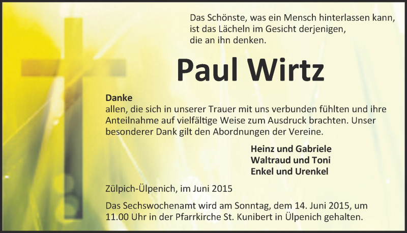  Traueranzeige für Paul Wirtz vom 03.06.2015 aus 