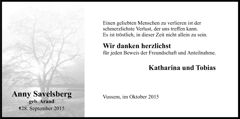  Traueranzeige für Anny Savelsberg vom 23.10.2015 aus Kölner Stadt-Anzeiger / Kölnische Rundschau / Express