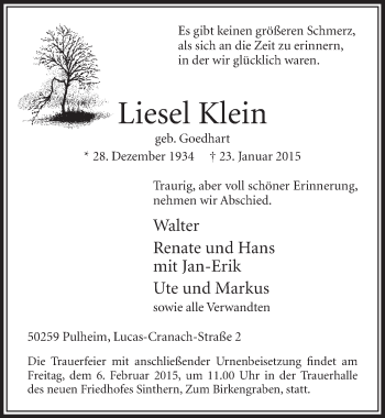 Anzeige von Liesel Klein von  Sonntags-Post 