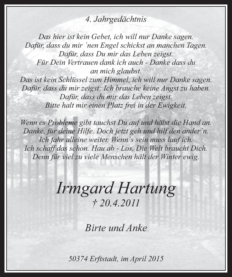  Traueranzeige für Irmgard Hartung vom 22.04.2015 aus  Werbepost 