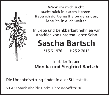 Anzeige von Sascha Bartsch von  Anzeigen Echo 
