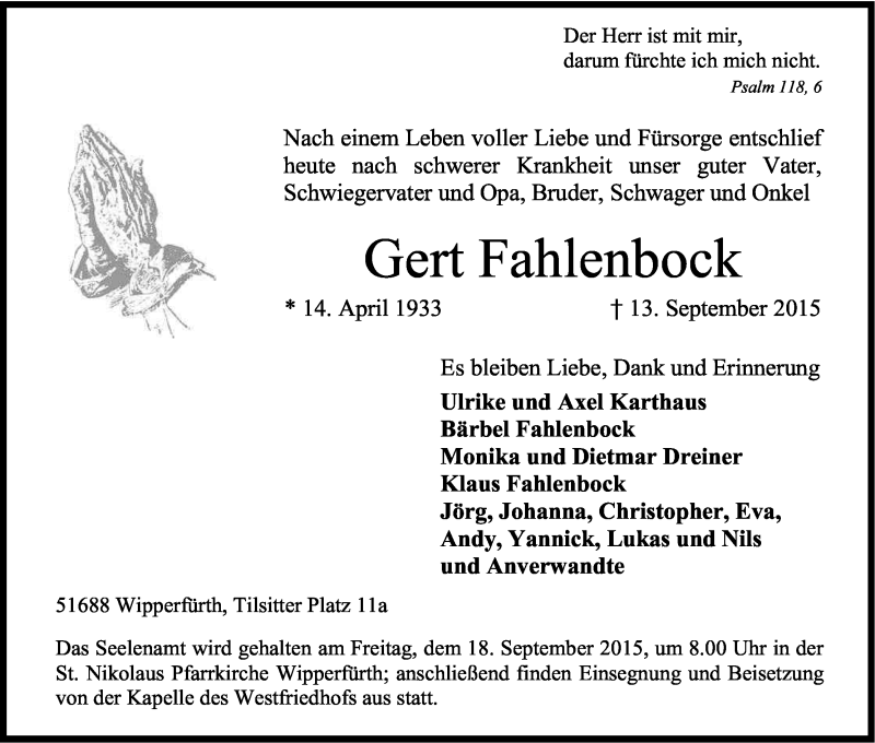  Traueranzeige für Gert Fahlenbock vom 15.09.2015 aus Kölner Stadt-Anzeiger / Kölnische Rundschau / Express