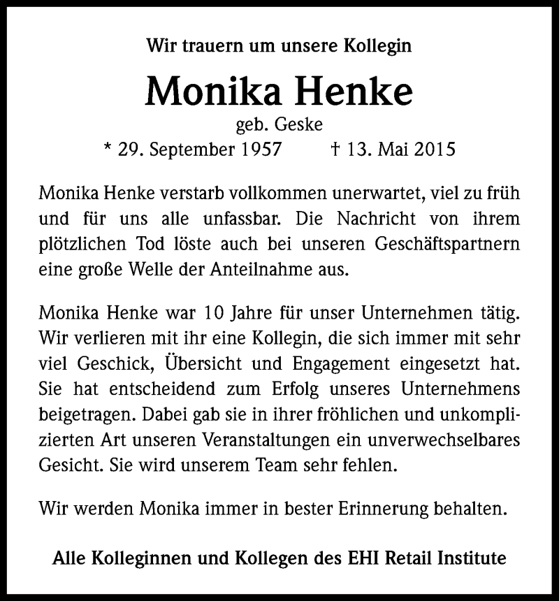  Traueranzeige für Monika Henke vom 23.05.2015 aus Kölner Stadt-Anzeiger / Kölnische Rundschau / Express