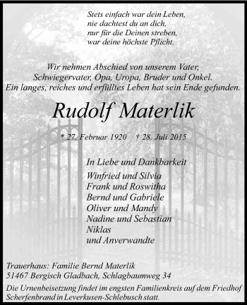 Anzeige von Rudolf Materlik von Kölner Stadt-Anzeiger / Kölnische Rundschau / Express