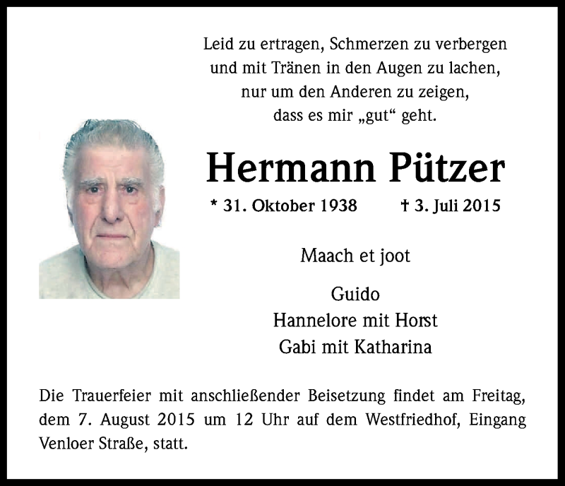  Traueranzeige für Hermann Pützer vom 01.08.2015 aus Kölner Stadt-Anzeiger / Kölnische Rundschau / Express