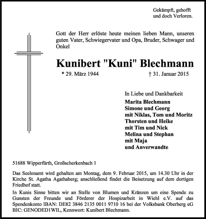  Traueranzeige für Kunibert Blechmann vom 04.02.2015 aus Kölner Stadt-Anzeiger / Kölnische Rundschau / Express