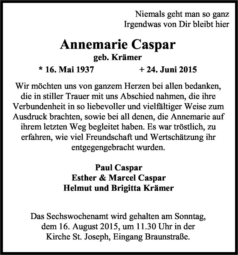  Traueranzeige für Annemarie Caspar vom 08.08.2015 aus Kölner Stadt-Anzeiger / Kölnische Rundschau / Express