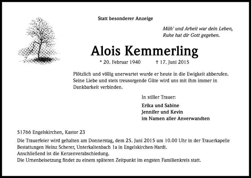  Traueranzeige für Alois Kemmerling vom 19.06.2015 aus Kölner Stadt-Anzeiger / Kölnische Rundschau / Express