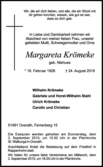 Anzeige von Margareta Krömeke von Kölner Stadt-Anzeiger / Kölnische Rundschau / Express