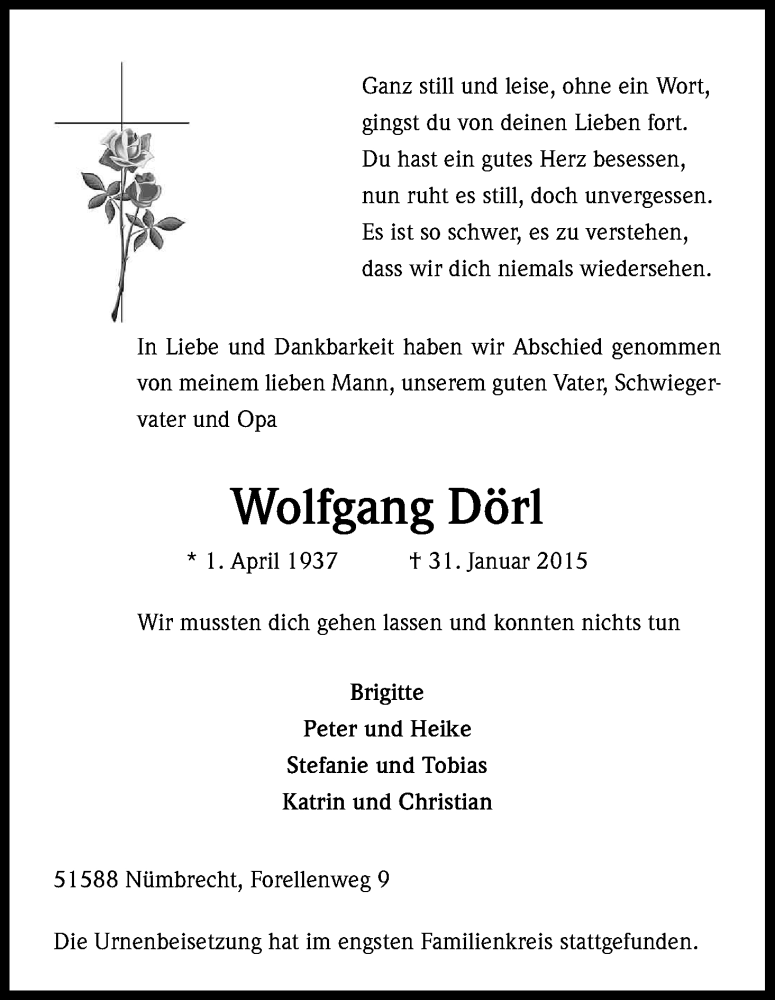  Traueranzeige für Wolfgang Dörl vom 18.02.2015 aus Kölner Stadt-Anzeiger / Kölnische Rundschau / Express