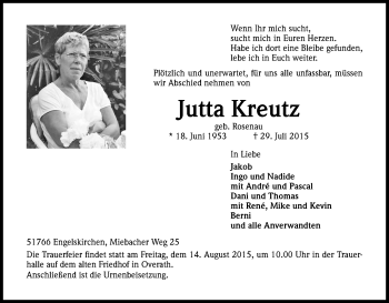 Anzeige von Jutta Kreutz von Kölner Stadt-Anzeiger / Kölnische Rundschau / Express