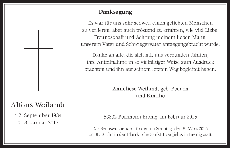  Traueranzeige für Alfons Weilandt vom 25.02.2015 aus  Schaufenster/Blickpunkt 