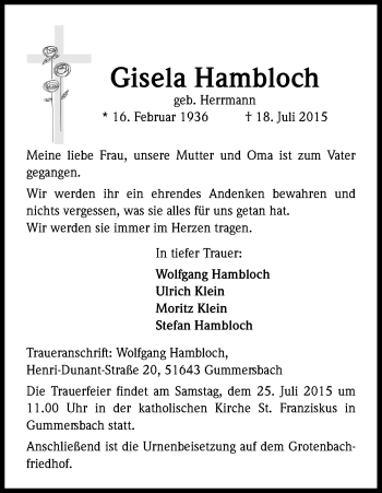 Anzeige von Gisela Hambloch von Kölner Stadt-Anzeiger / Kölnische Rundschau / Express