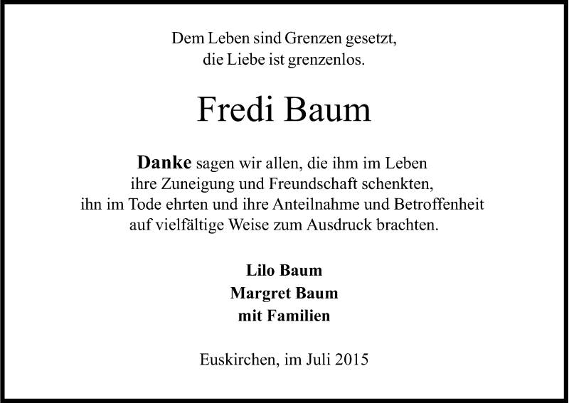  Traueranzeige für Fredi Baum vom 25.07.2015 aus Kölner Stadt-Anzeiger / Kölnische Rundschau / Express