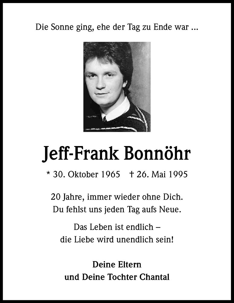  Traueranzeige für Jeff-Frank Bonnöhr vom 26.05.2015 aus Kölner Stadt-Anzeiger / Kölnische Rundschau / Express
